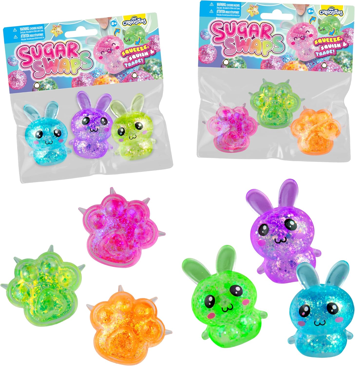 ORB Curiosities Sugar Swaps Bunnies and Paws 2 Pack - 6 Sparkly Sugar Bunnies and Paws Squishy Toys to Stretch, Squeeze, Collect, Trade - Fun Stress Relief, Sensory and Fidget Toys For Kids and Adults