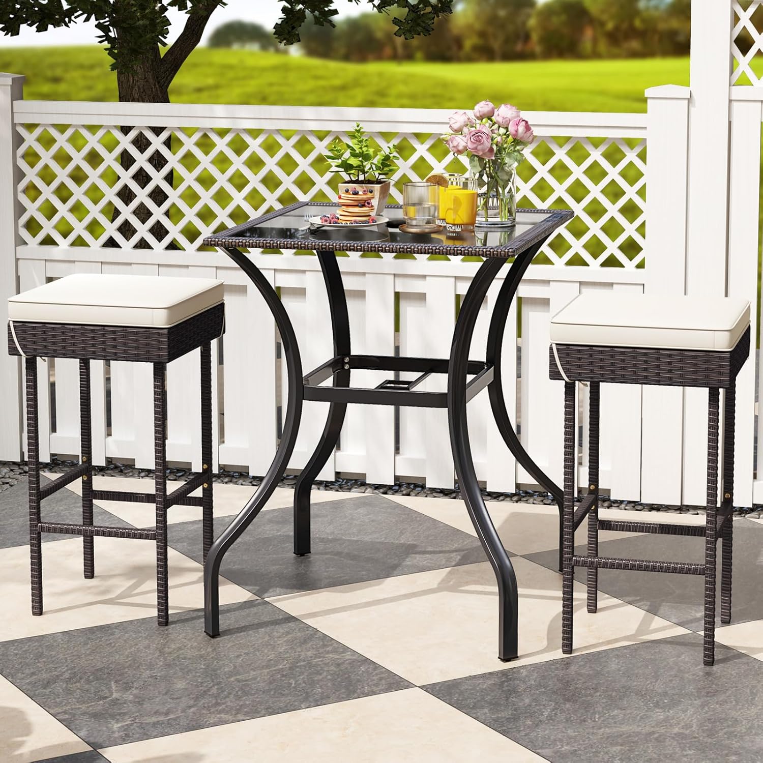 HAPPYGRILL Patio Bar Table, 28.5 x 28.5 inch Outdoor Bar Height Dining Table with Rattan Edge & Heavy-Duty Metal Legs, 2 inch Umbrella Hole, Square Bistro Bar Table for Poolside, Backyard, Balcony