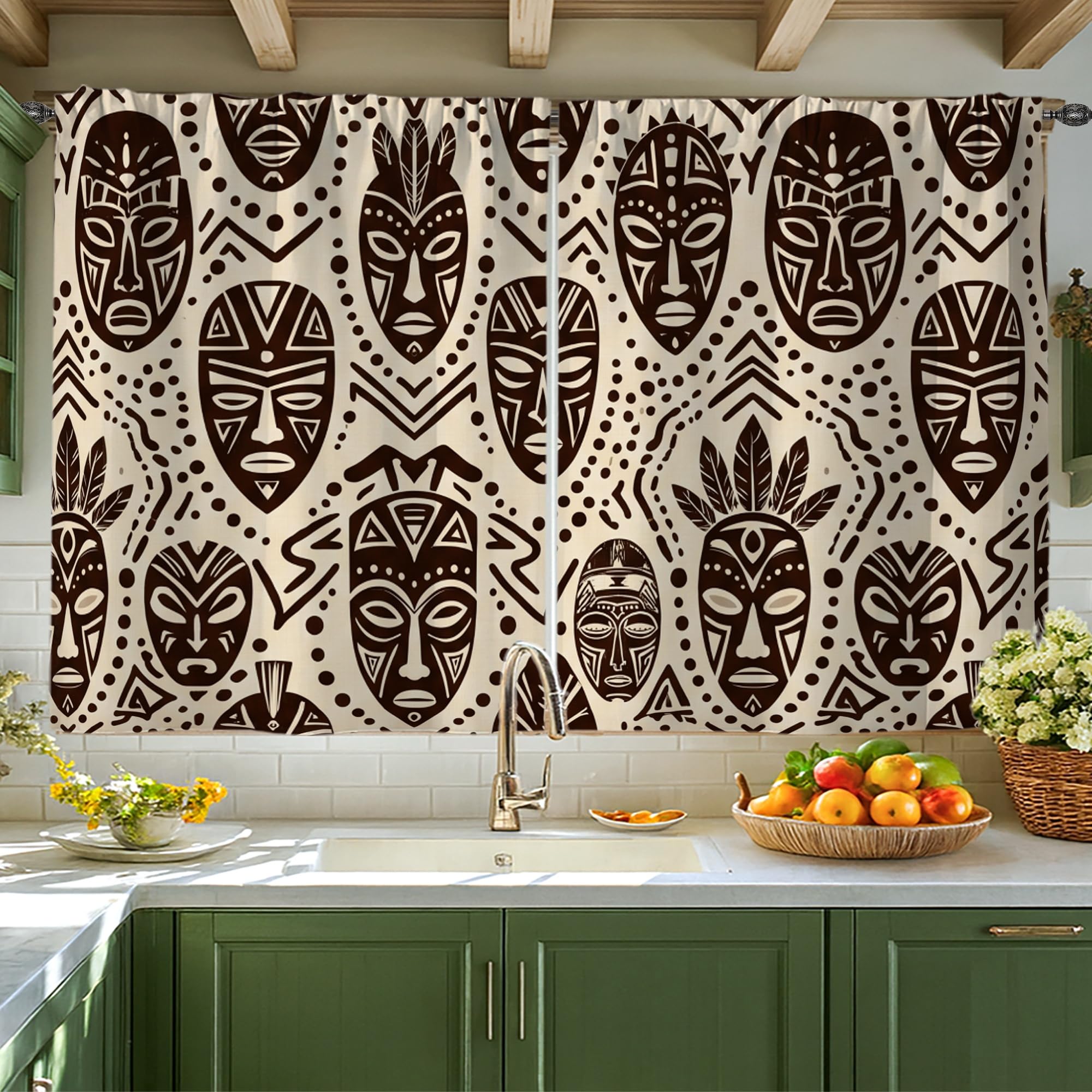 Rideaux de cuisine ethniques marron 106x114 cm pour petite fenêtre