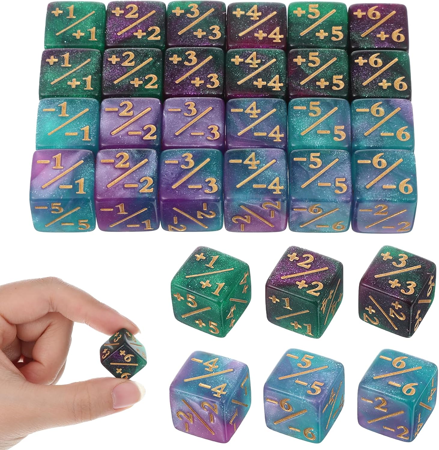 Token Dice Counter, 24 Pcs 1/+1 MTG Counter Dice D6 Plus and Minus Dices Kit Acrylic Board Game MTG Accessories for M-TG CCG Card Gaming (Blue&Purple&Green)