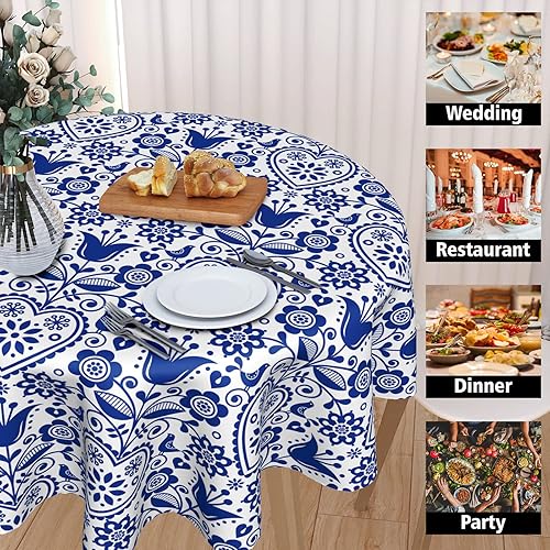 Miniatura 6 de Cafl Mantel redondo de arte folclórico nórdico mantel de flores retro abstractas impermeable resistente a las manchas a prueba de aceite a prueba de