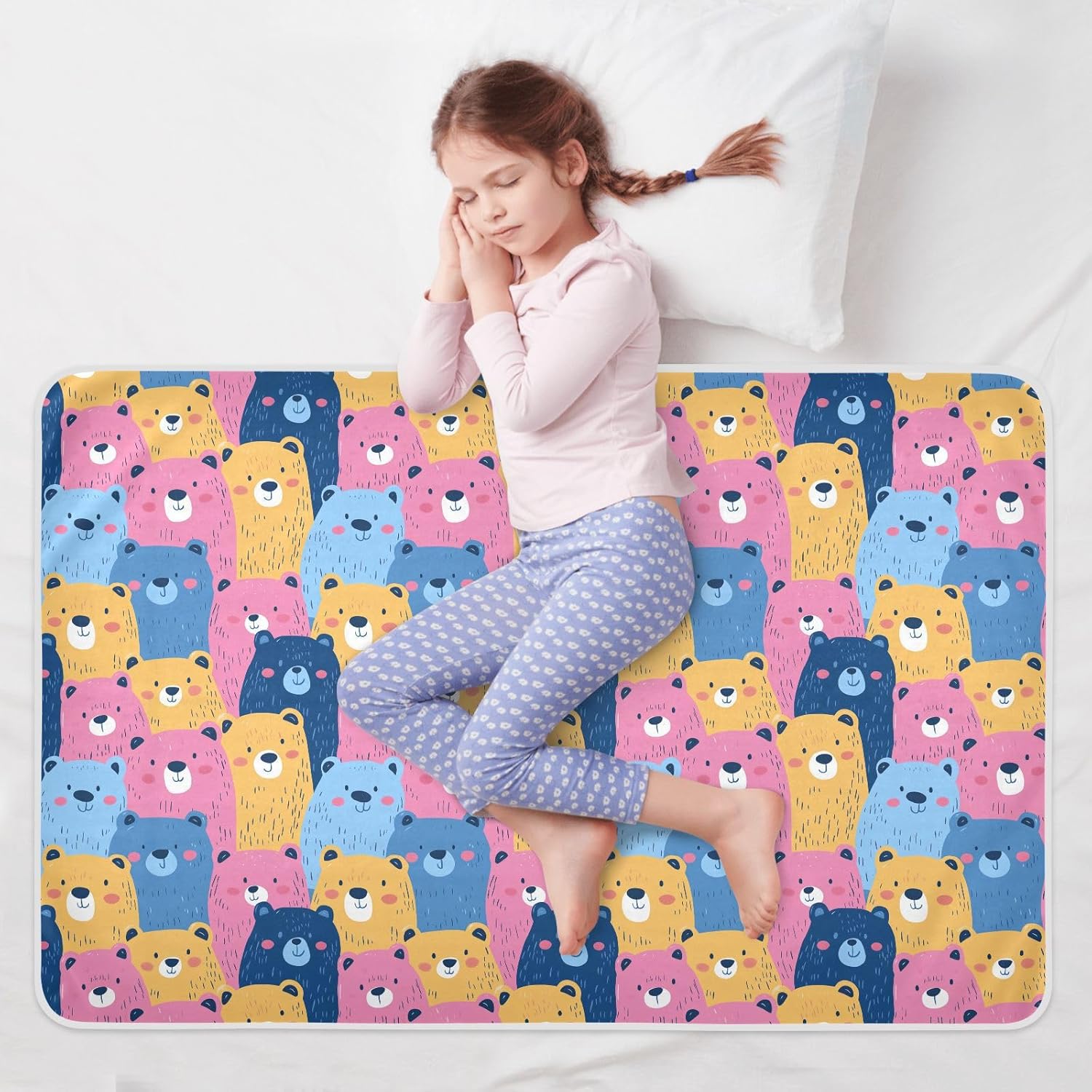Cartoon Bears Extra Large Resuable Bed Underpads Soft Absorbent Bed Wetting Pad Slip-Resistant Incontinence Pads for Baby Toddler Children , 52" L x 34" W