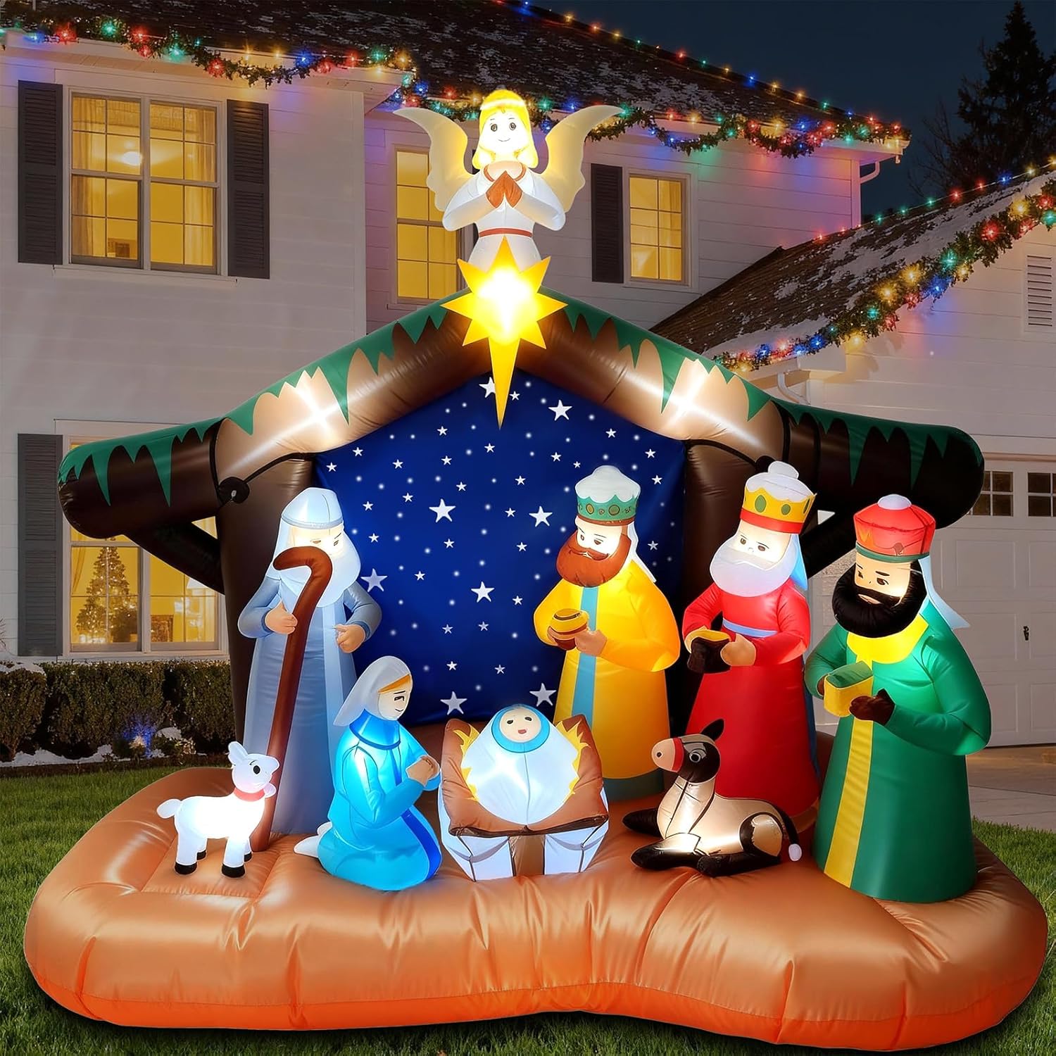 8FT Christmas Inflatables Nativity Scene Decorations, Outdoor Christmas Blow Up Yard Decor, Built-in White LED Lights, Waterproof Xmas Decorations for Yard Garden Lawn Holiday Party