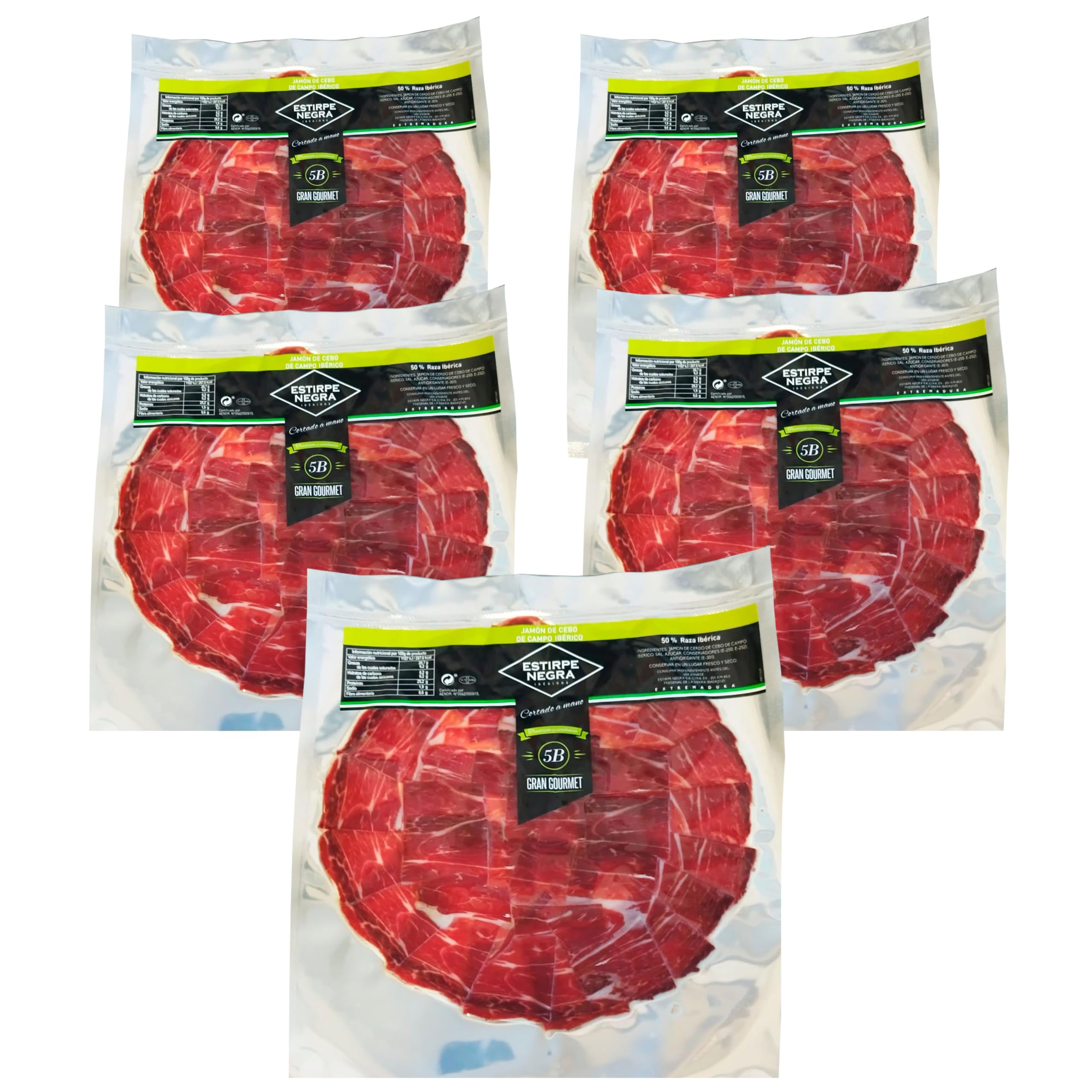 Jamón Ibérico de Cebo de Campo 50% Raza Ibérica Estirpe Negra - Exquisito Jamón de Extremadura Cortado a Cuchillo - Cerdos Criados en Libertad y Alimentados con Productos Naturales. (5 Sobres)