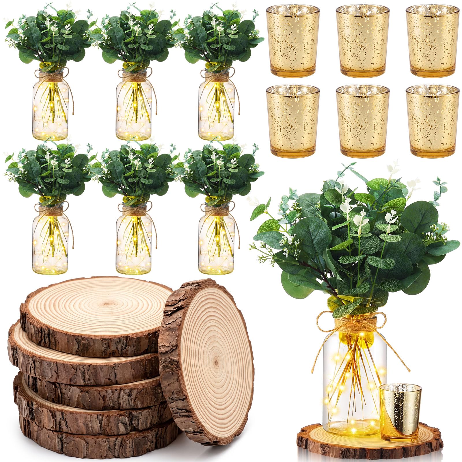Set di 6 centrotavola da tavolo in barattolo di eucalipto, vasi in vetro da 500 ml, portacandele dorati da 90,7 g con luci fate, fette di legno, fiori finti per matrimoni, addio al