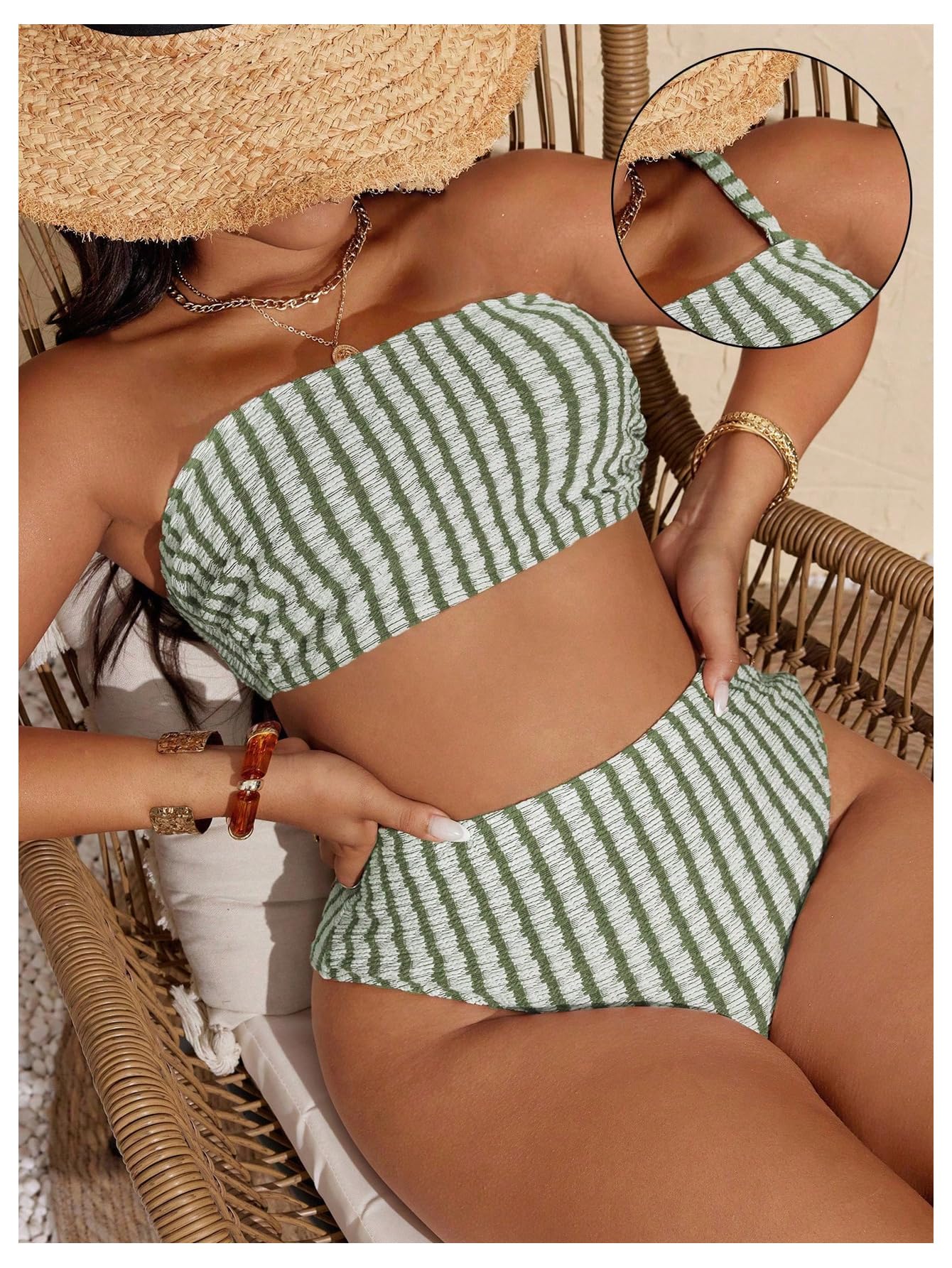Women's Plus Size 2 Piece High Waist Bikini Set Striped Bandeau Top Tummy Control Bathing Suits Swimwear(Green,Large Plus)