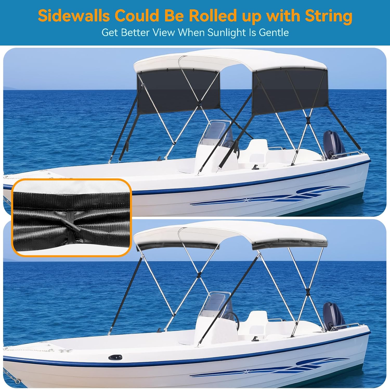 Detachable Clip in Bimini Top Mesh Sidewalls, Boat Sun Shade Universal Fit for 3 Bow Bimini Tops, with Straps Clips (Bimini Tops Not Included)