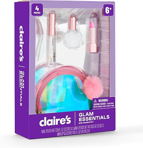 Miniatura 8 de Claire's Glam Essentials Mini kit de maquillaje  Brillo de labios para niños, lápiz labial, esmalte de uñas, bolsa de cosméticos iridiscente, juego