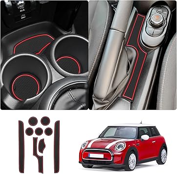 LUWU for 2023 2024 Mini Cooper F56 Liners Mats 2015-2024 Mini Cooper F56 Cup Holder Inserts Mat Mini Cooper Door Slot Mats Console Liner Trim Mats 2023 2024 Mini Cooper Accessories 9PCS, Red