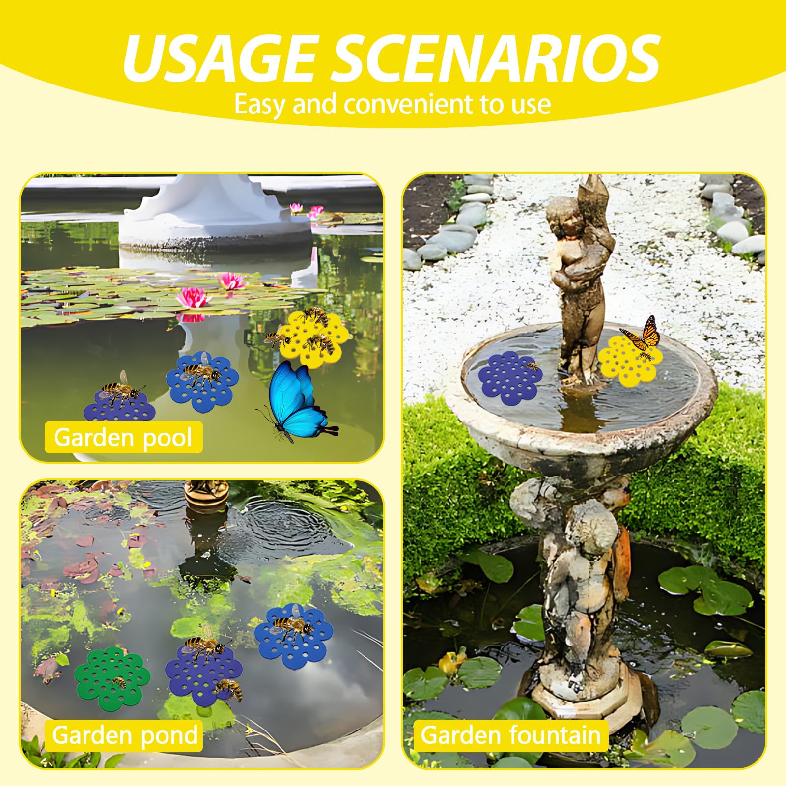 Bienentränke 4 Stück – Schwimmende Inseln Aus PVC, Farbig (Lila/Grün/Gelb/Blau), Mit Wabenmuster, Für Bienen Und Schmetterlinge