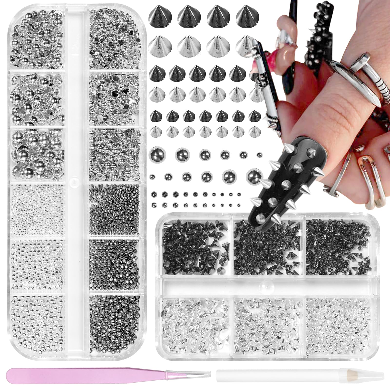 3D Mini Black Silver Metal Spike Nail Charms Punk Nail Art Studs for DIY Black+Silver-Set 1