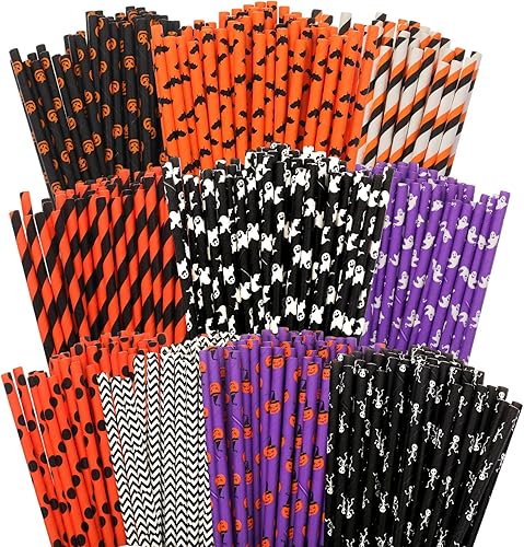 Jutom Paquete variado de 500 pajitas de papel de Halloween, 10 estilos, pajitas desechables, negro, naranja, morado, puntos, fantasmas, murciélagos,