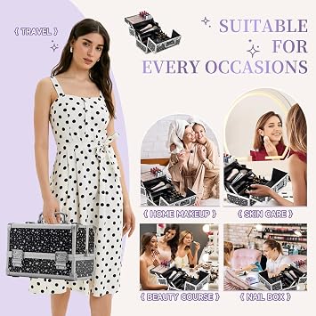 Leeora&Leekoo Makeup Train Case Cosmetic Box Portable Makeup Case Organizer 2 Trays Makeup Storage for Cosmetologist Aesthetic Supplies Nail Tech Traveling Makeup Box (Flashing Star)