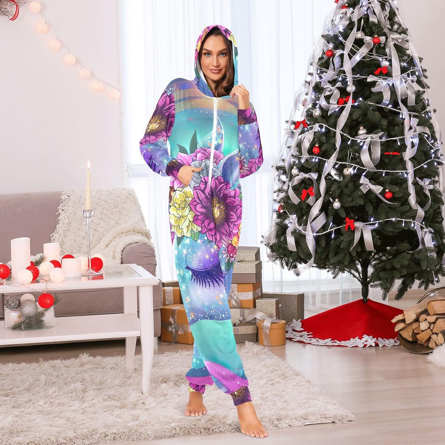 GAIREG Rainbow Unicorn Floral Hooded One-Piece Pajamas, Warm Onesie for Adult - Image 6