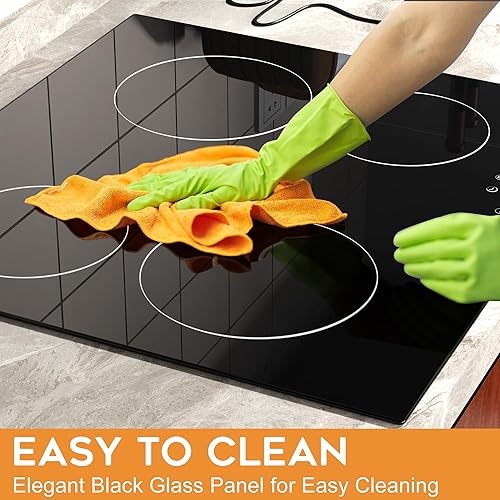 Miniatura 5 de Noxton Placa de cocción eléctrica de 24 pulgadas, 4 quemadores, placa de cocción de cerámica de vidrio negro integrada con bloqueo de seguridad,