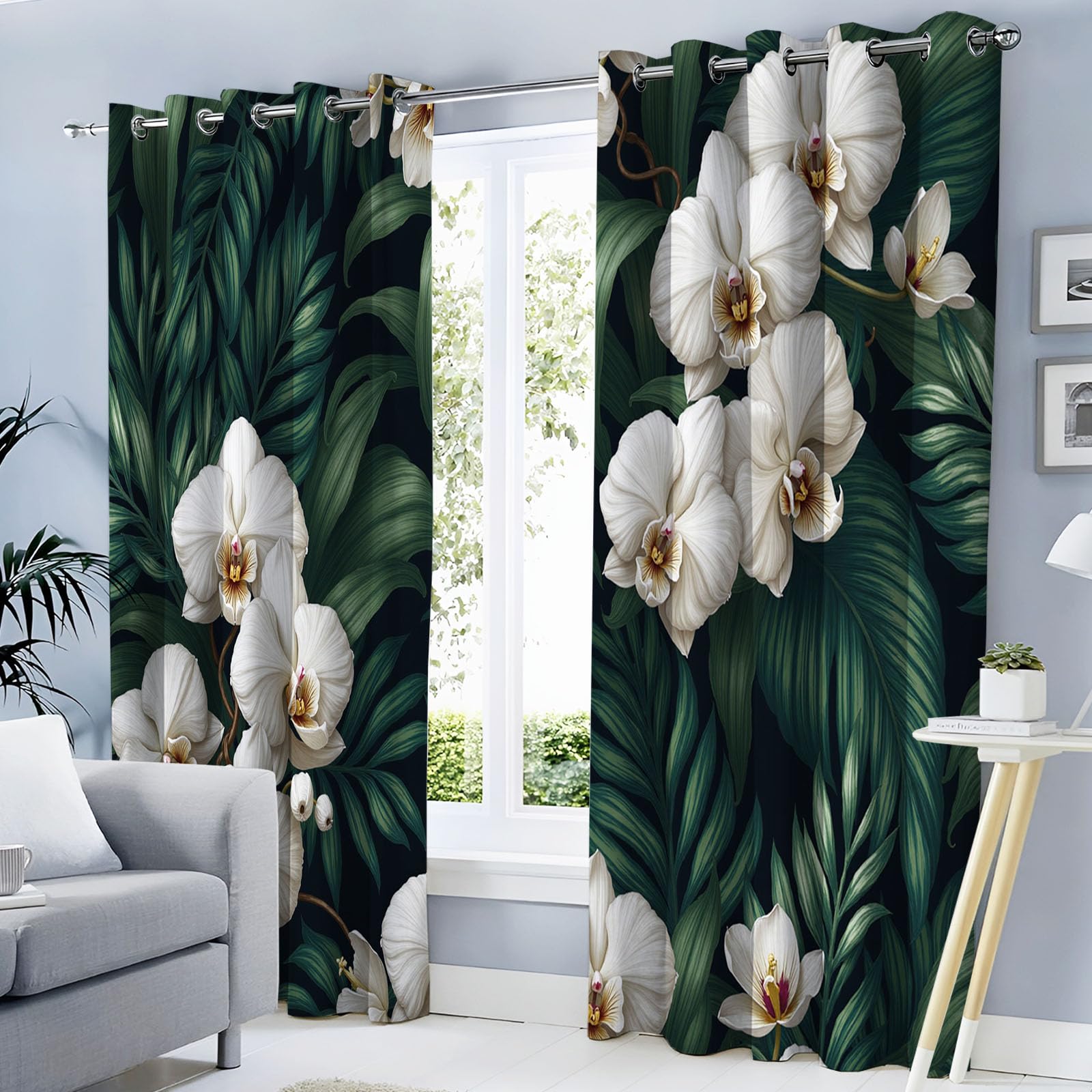 Rideaux occultants orchidée et palmier 140x240cm avec oeillets vert pour salon lot de 2