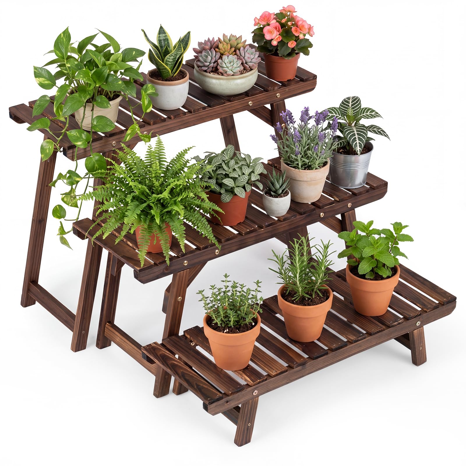 COSTWAY Étagère pour Plantes en Bois 3 Niveaux Indépendant Echelle Escalier Porte-Plante Longueur 70CM Charge 10KG par Niveau pour Jardin Terrasse Balcon