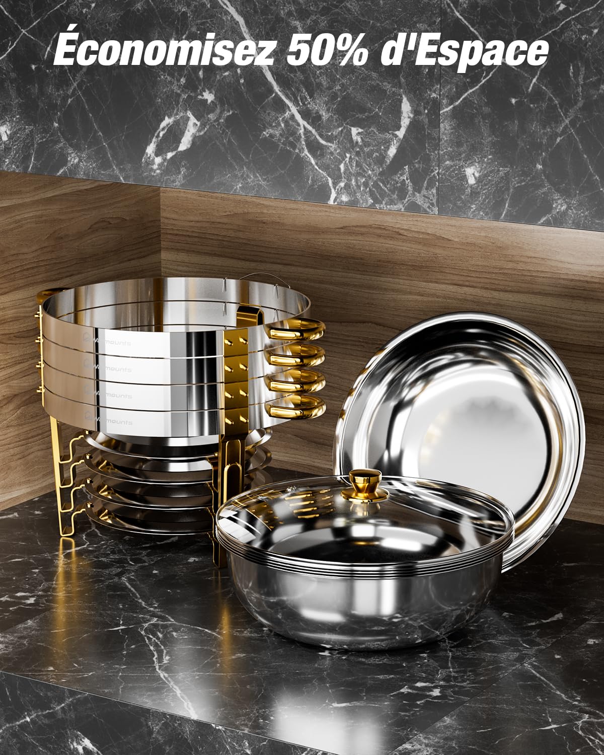 WARMOUNTS Lot de 4 Chafing Dish Argent & Doré 5 L, Réchaud à Buffet avec Couvercle en Verre, Buffets Chauffants en Acier Inoxydable Idéal pour Fêtes, Événements, Mariages, Dîners, Noël et Camping