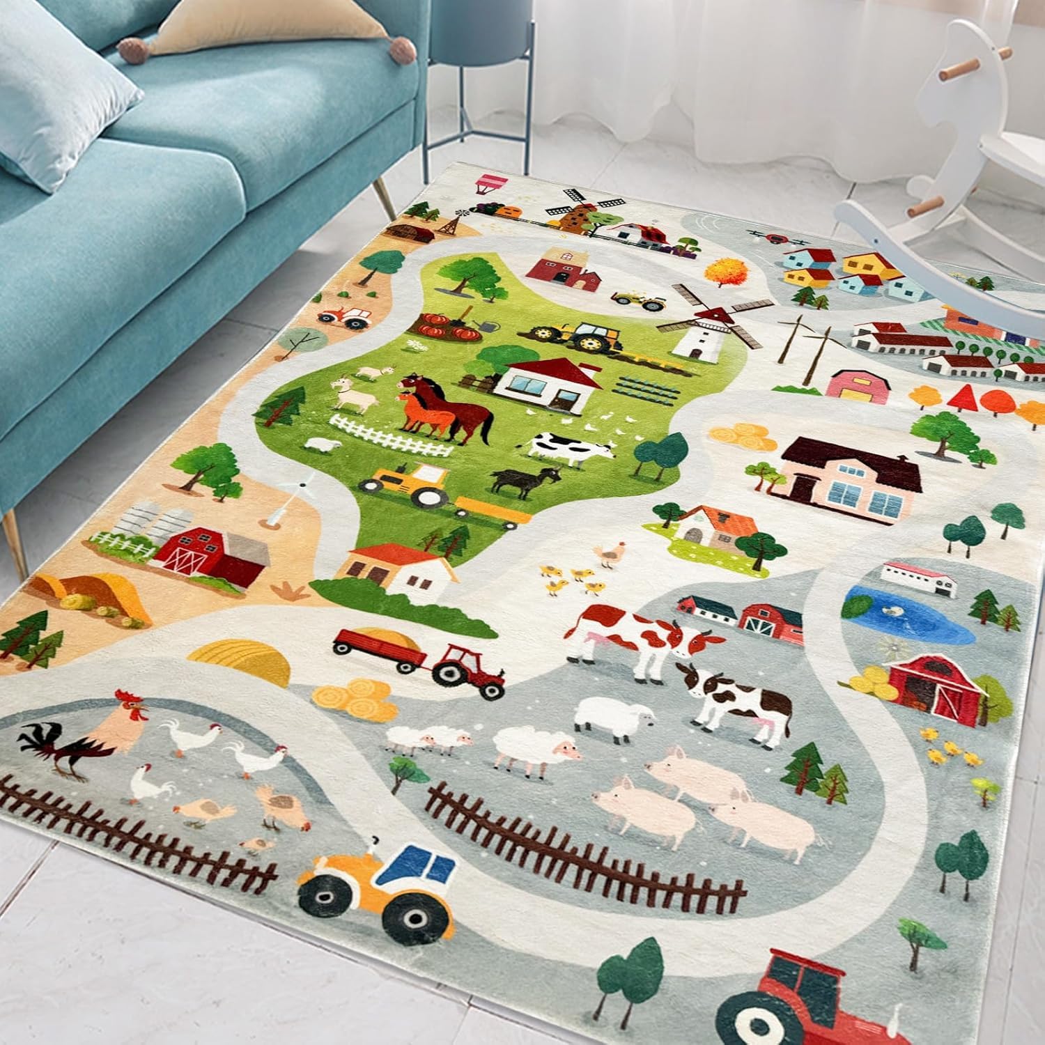 Spielmatte Bauernhoftiere Teppich Für Jungen Straßen Autoteppich Fahrzeugspur Teppich Für Schlafzimmer Spielzimmer Heimdekoration (1,180 x 240 cm)