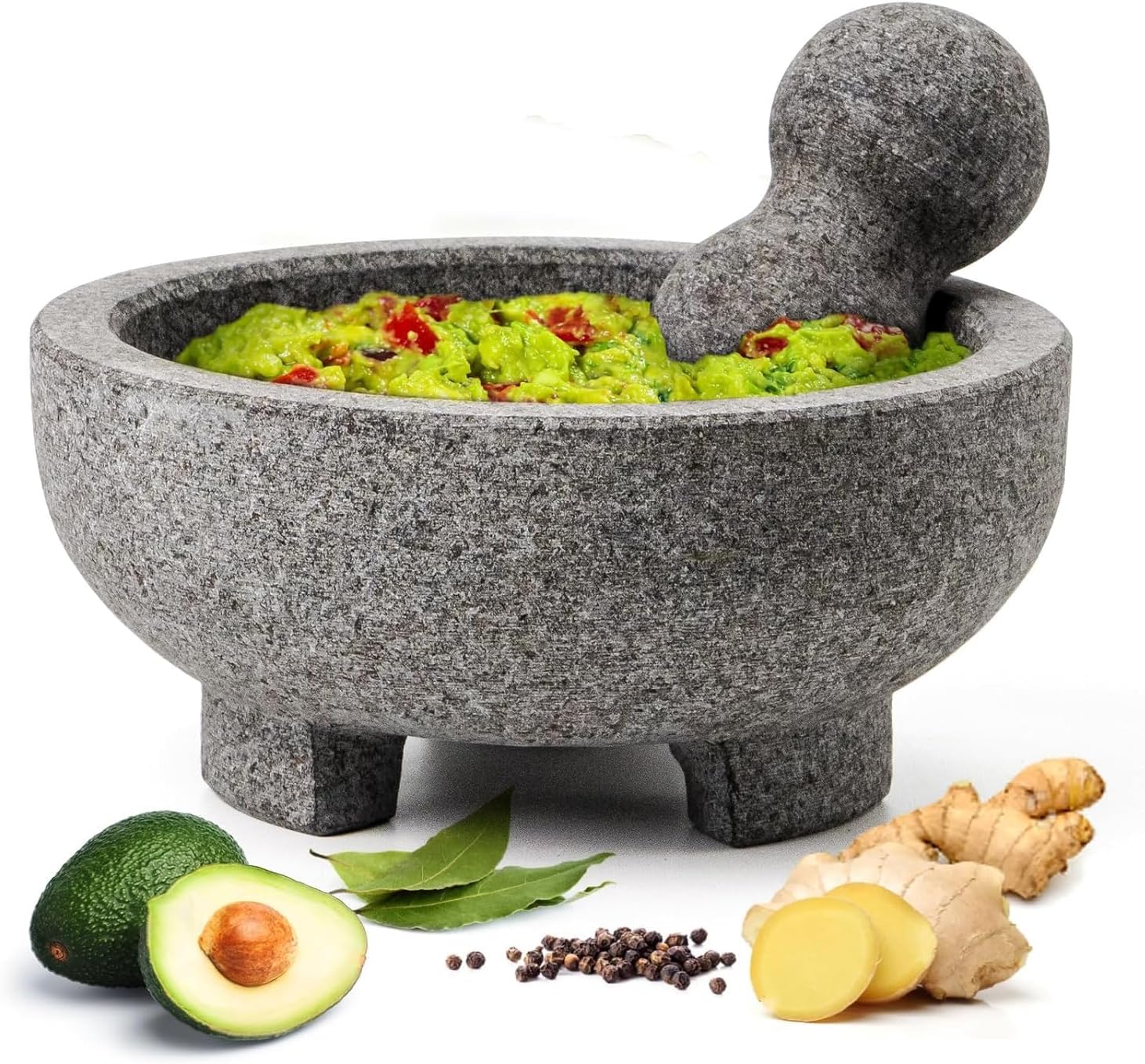 Luvan Large Mortar and Pestle Set,4 Cups Unpolished Granite Natural Stone Grinder Bowl for Molcajete Guacamole Bowl Crushing/Mexicano Guacamole,Spices Grinder,Herb Crusher,Salsa Pesto-8IN/Gray