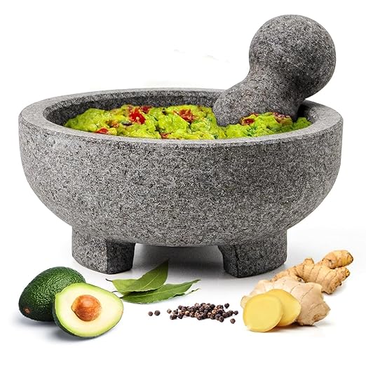 Luvan Large Mortar and Pestle Set,4 Cups Unpolished Granite Natural Stone Grinder Bowl for Molcajete Guacamole Bowl Crushing/Mexicano Guacamole,Spices Grinder,Herb Crusher,Salsa Pesto-8IN/Gray