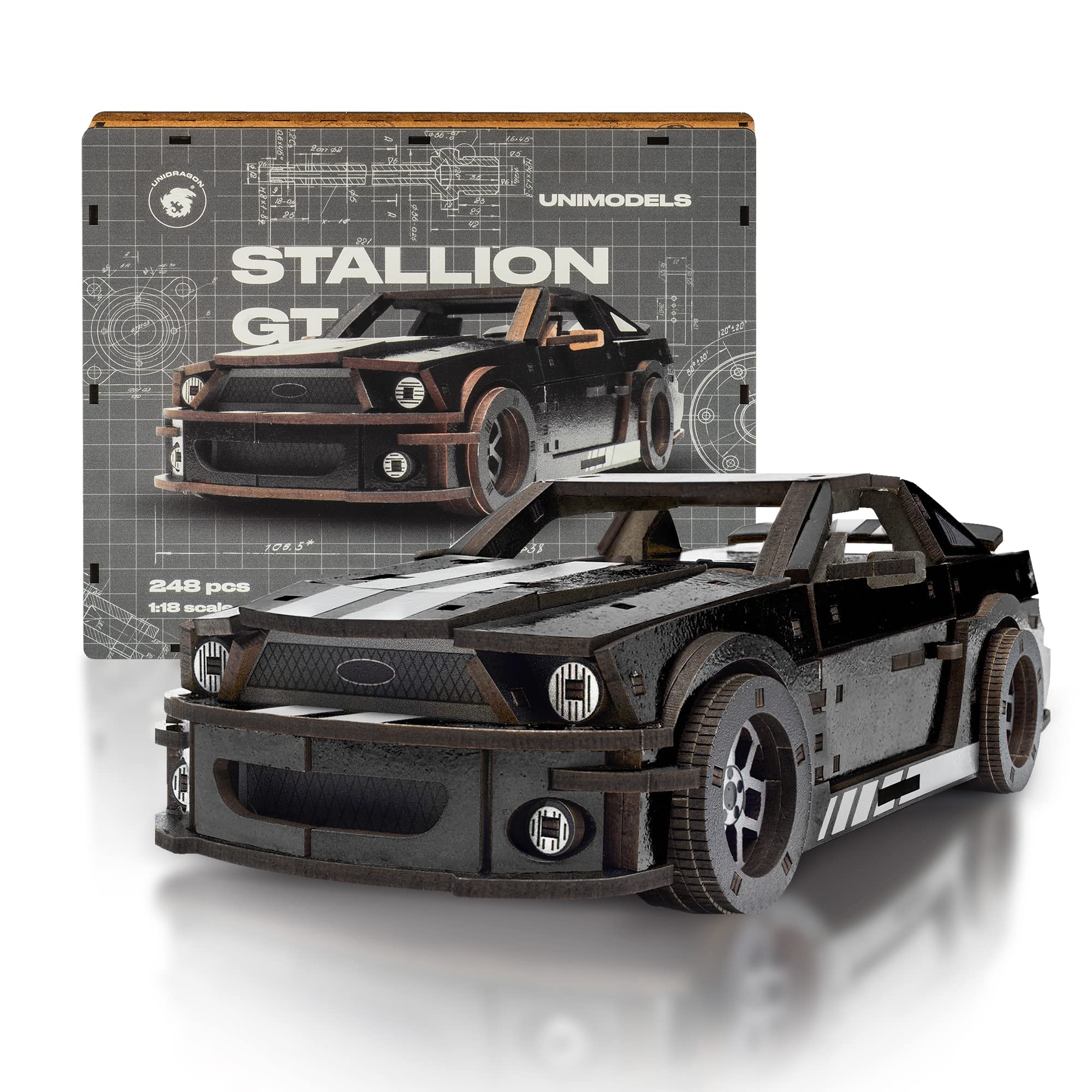 UNIDRAGONOriginal Wooden Jigsaw Puzzles for Adults Unimodels Stallion GT Black 248 Pieces, Assembled Wooden Car Model, Wooden Gift Box, Shaped Pieces