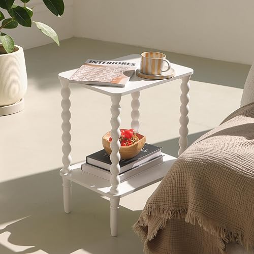 Miniatura 6 de Mesa auxiliar blanca, mesa auxiliar pequeña con estante de almacenamiento, mesita de noche moderna de 2 niveles para dormitorio, sala de estar,