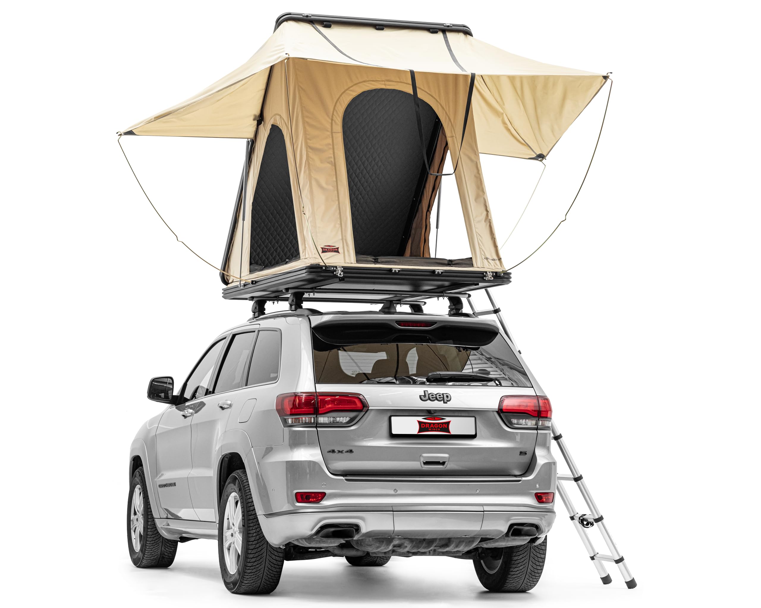 Dragon Winch Tenda da Tetto per Auto, in alluminio, per 2 persone, con materasso, scala telescopica, tasche per accessori, zanzariere + LED tenda da campeggio comoda, spaziosa e mobile | impermeabile