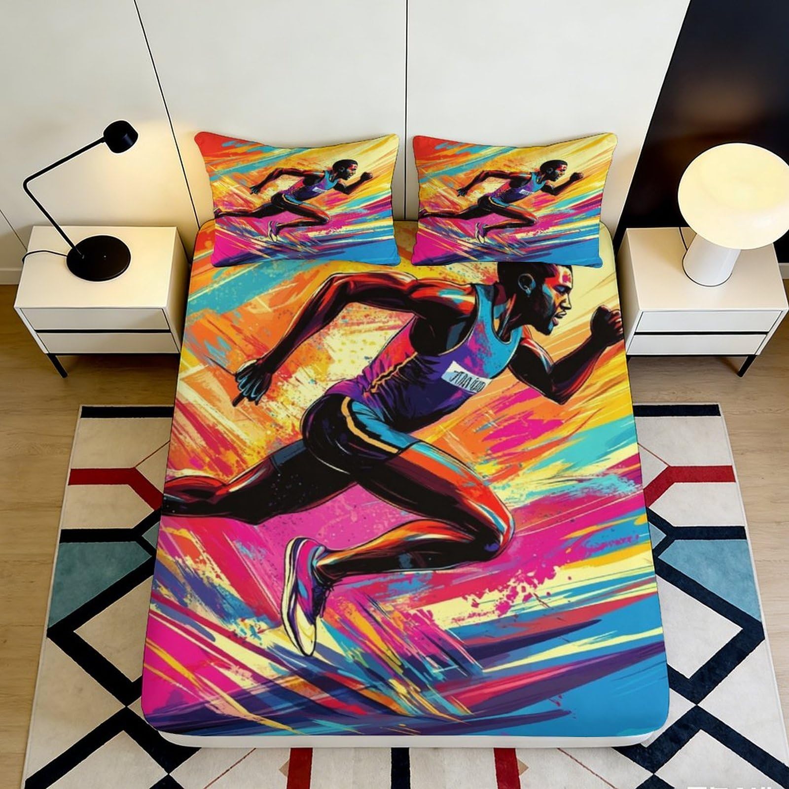 3D Printed Colorful Runner Fitted Sheet Microfiber Soft Anti-Slip Athlete Bed Cover for Bedroom Dorm Mattress Decor 90x200x25cm
