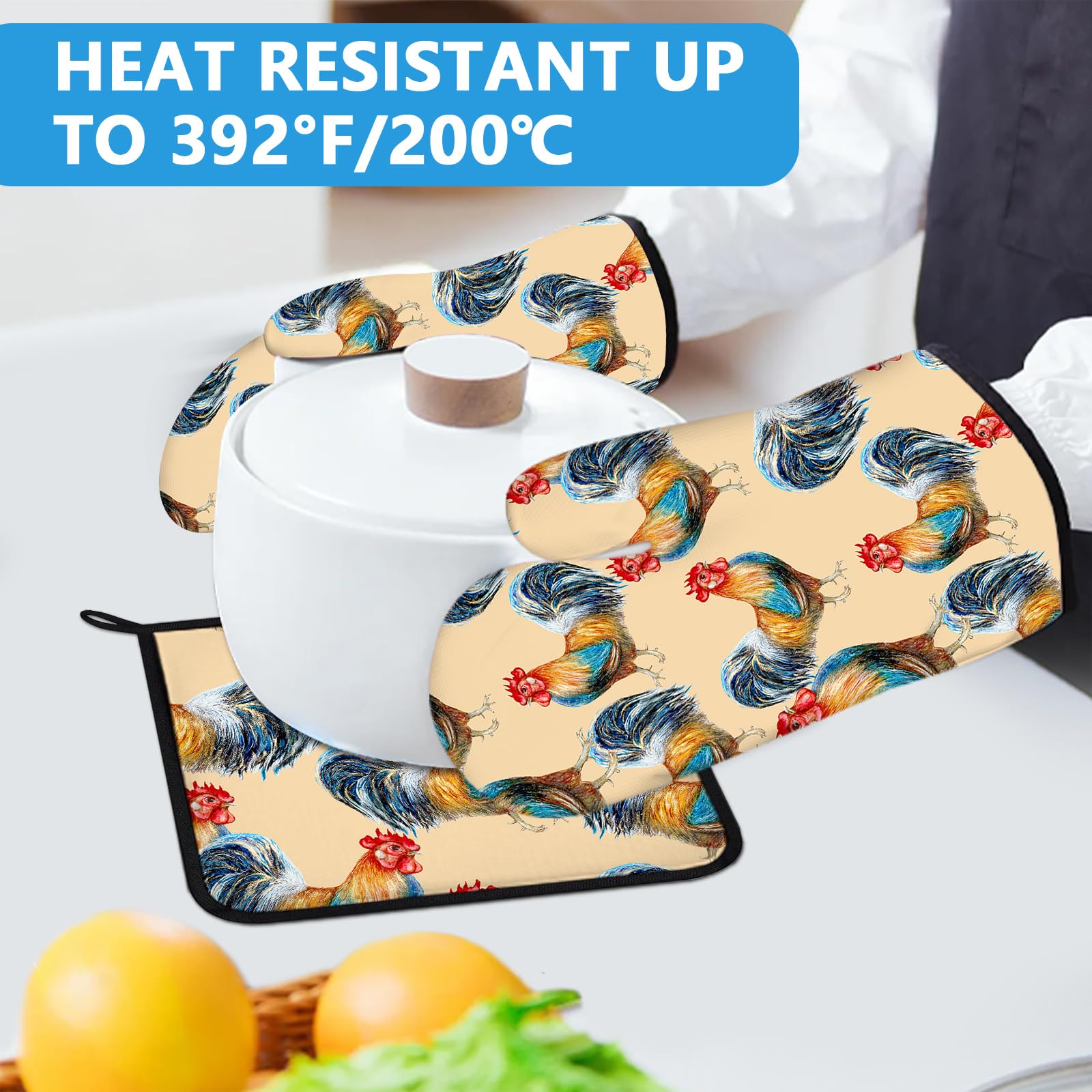 Set di 4 presine resistenti al calore, guanti da forno a forma di gallo, resistenti al calore, per cucina, cottura al forno, grigliate, barbecue