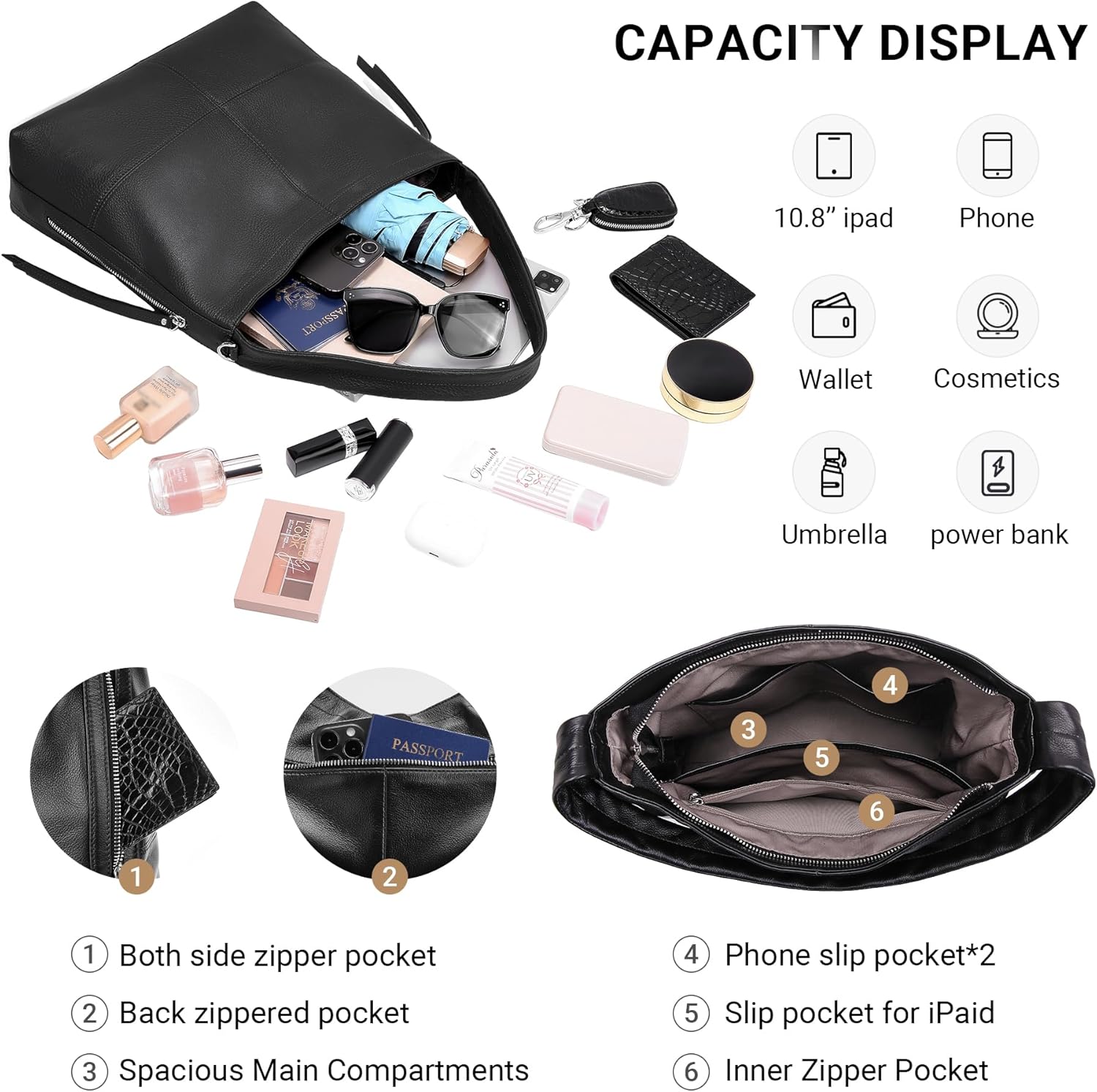 Morriloom Genuine Leather Hobo Bags for Women Crossbody Purses Work Tote Bag Designer Shoulder Handbags with 2 Straps - Image 4