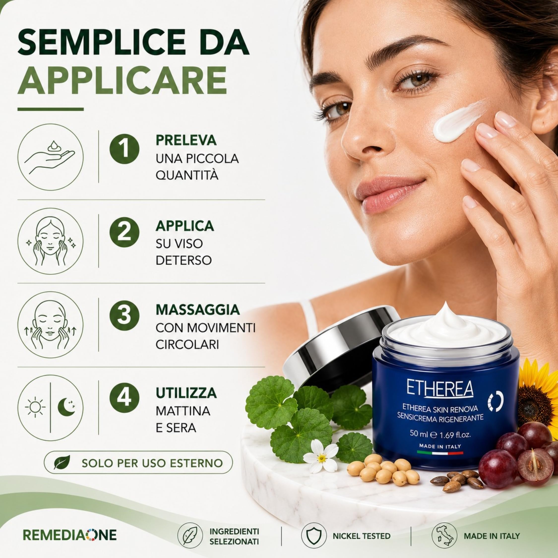 REMEDIA ONE Etherea Crema Viso Antirughe Rigenerante con Peptidi, 50 ml