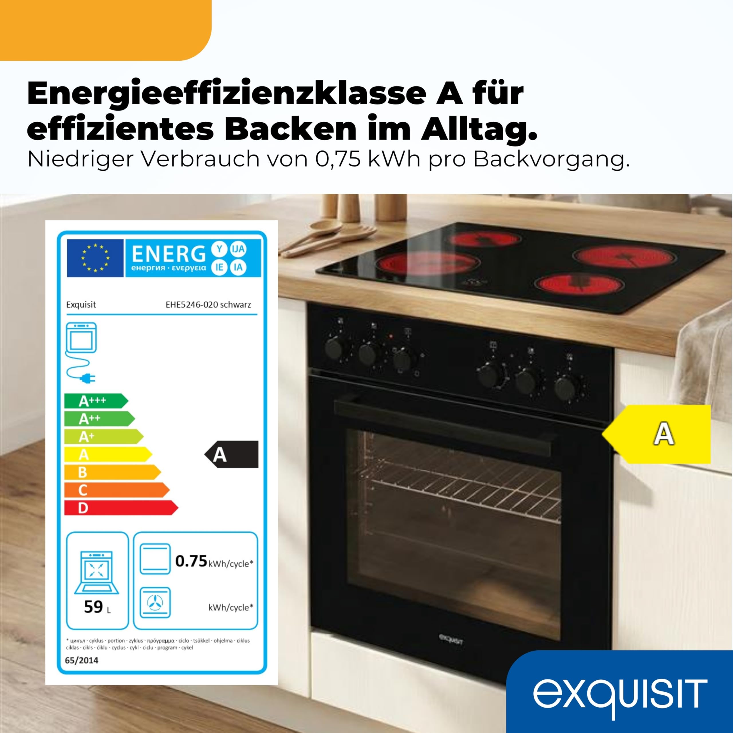 Exquisit Herd-Set Glaskeramikkochfeld Energieklasse A 59 l Backofen 4 Strahlungskochzonen Schwarz