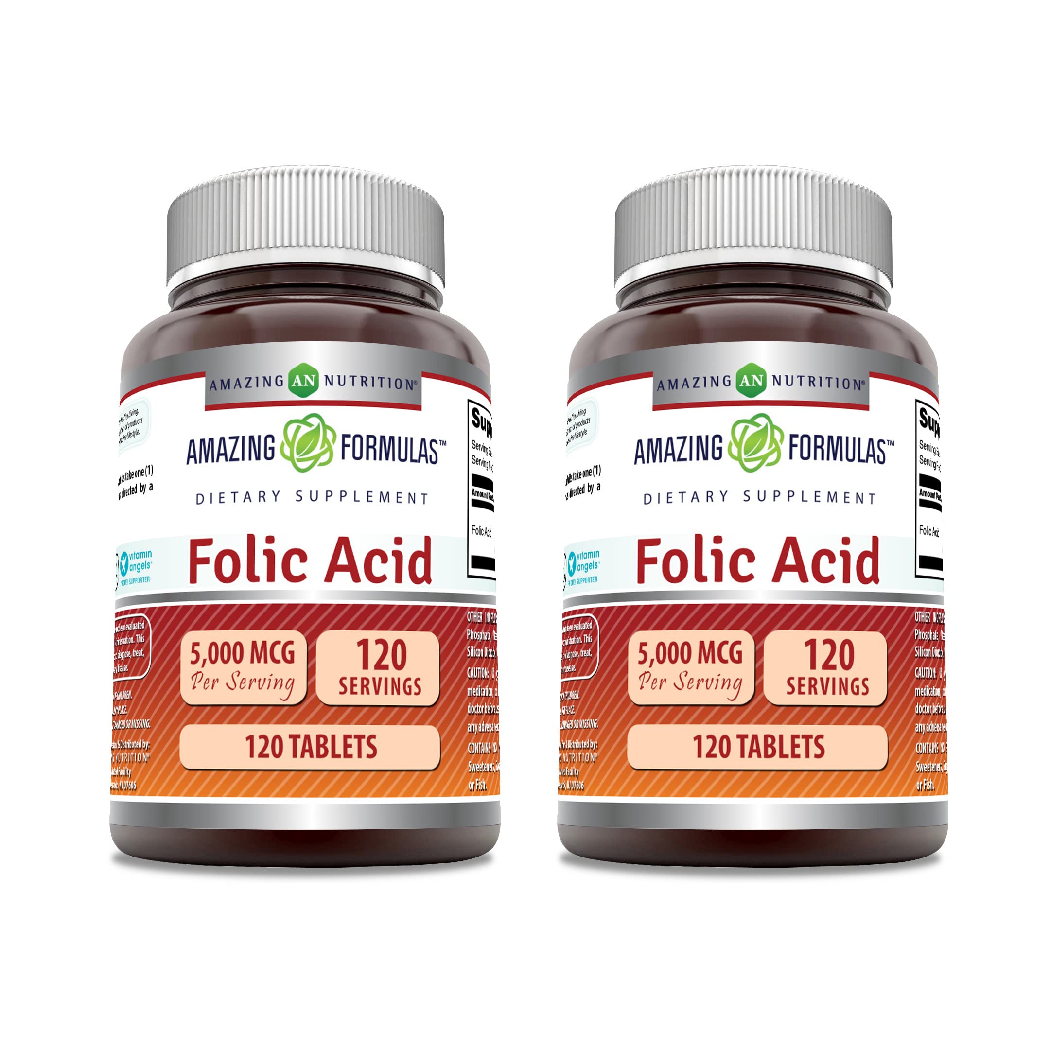 Amazing Formulas Folic Acid 5000 Mcg per Serving | Tablets Supplement | Non-GMO | Gluten-Free | Made in USA (2 Pack | 120 Count)