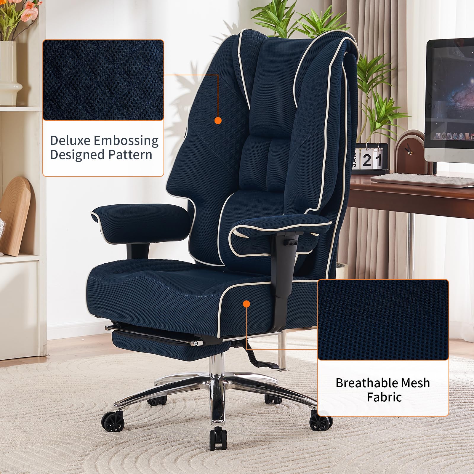 EXCEBET Silla de oficina ergonómica de malla con reposapiés, silla de escritorio giratoria ejecutiva de respaldo alto con reposabrazos ajustables, respaldo transpirable, para el hogar y la oficina