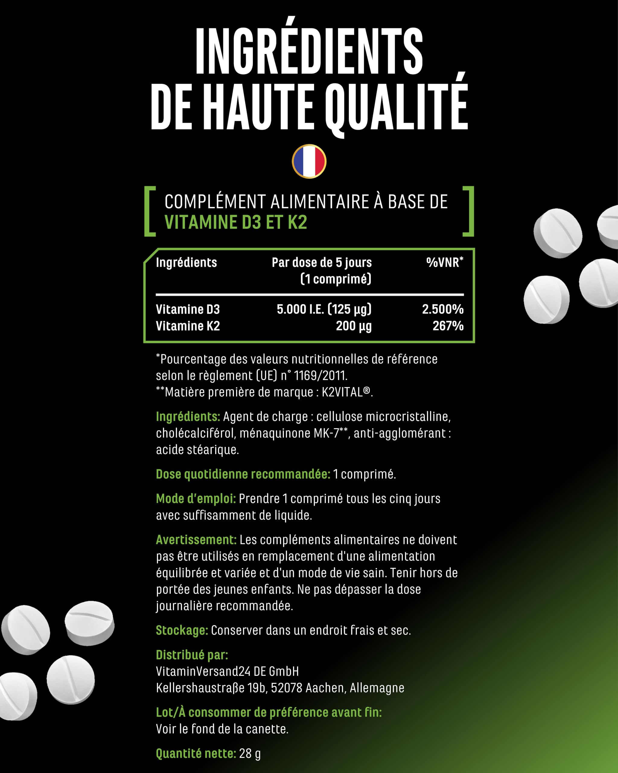 Vitamine D3 + K2 Depot - 180 comprimés avec 5000 UI de D3 + 200 mcg de K2 (MK7) - qualité premium : K2VITAL® de Kappa - 99,7% All-Trans K2-MK7 - végan, fortement dosé, sans additifs inutiles