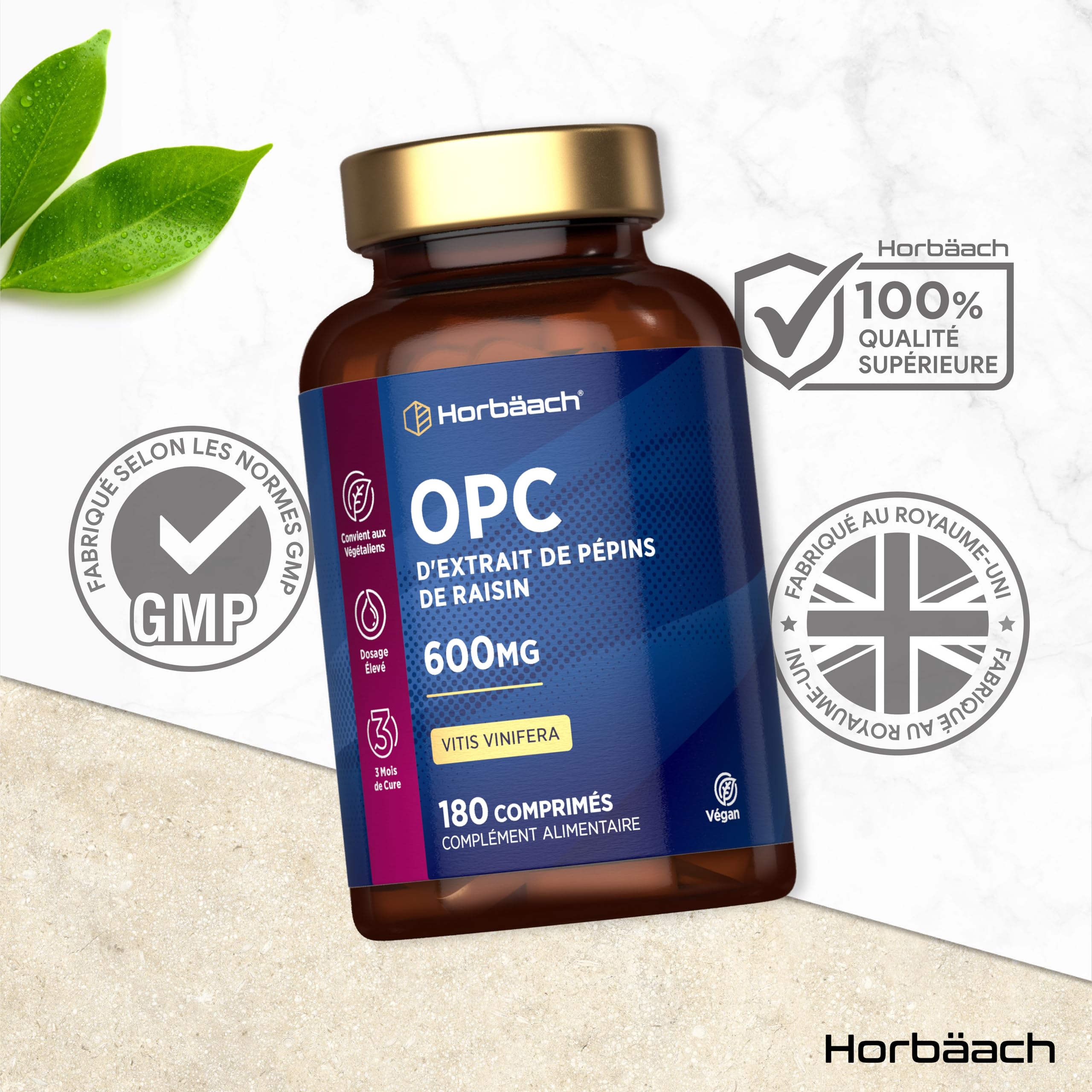 OPC Extrait de Pépins de Raisin | 180 Gélules Vegan | 95% OPC Raisin | Vitis Vinifera L. | Proanthocyanidines Oligomére Fortement Dosé | Grapeseed Extract | par Horbaach