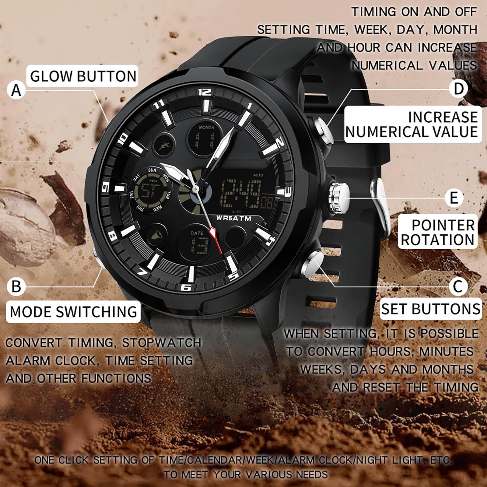 findtime Orologio da uomo con quadrante grande, casual, cronografo, impermeabile, sportivo, militare, resistente, per attività all'aperto