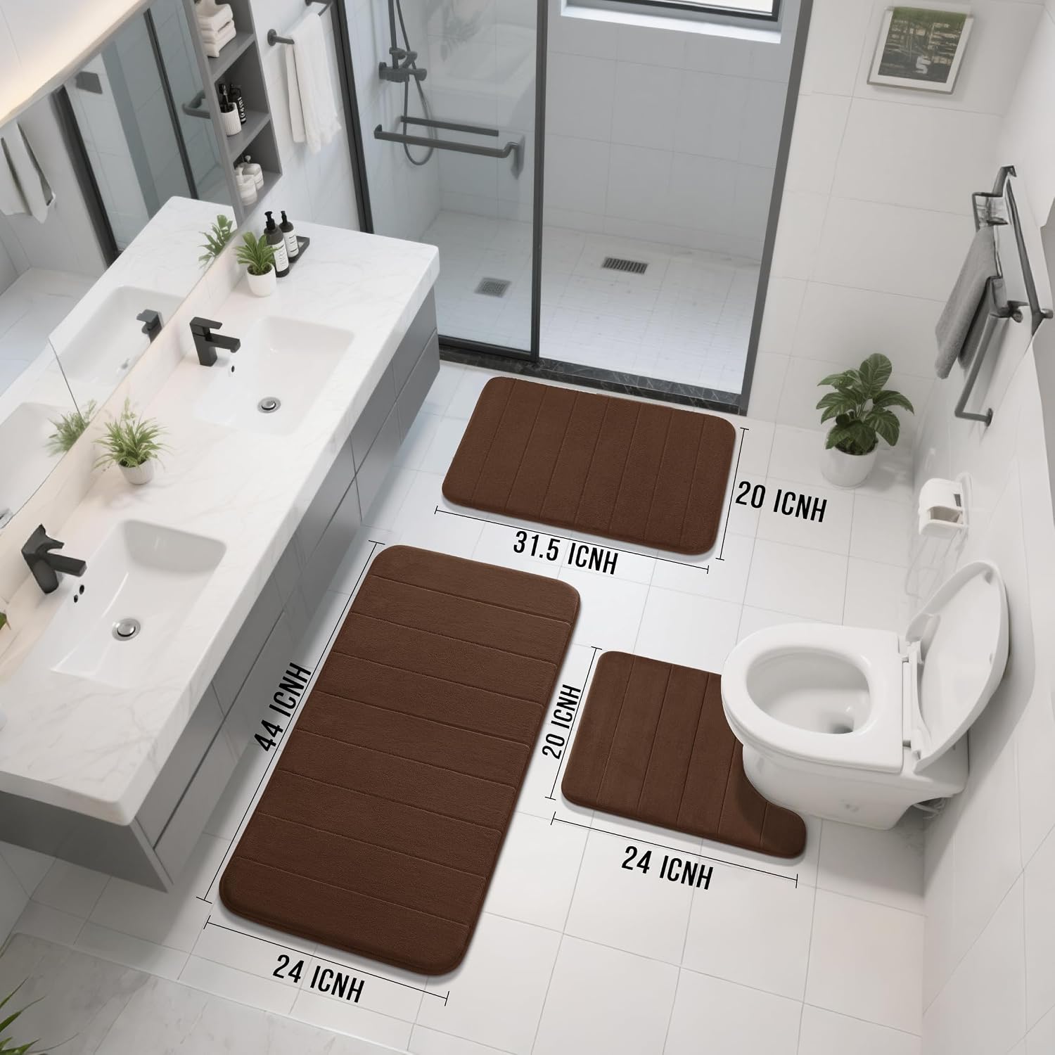 yimobra 3 pieces memory foam bath mat set with u-shaped toilet rug - non slip super soft absorbent quick dry bathroom rugs for bathtub, vanity & toilet base, brown brown 44''x24'' + 31.5''x20'' + 24''x20''