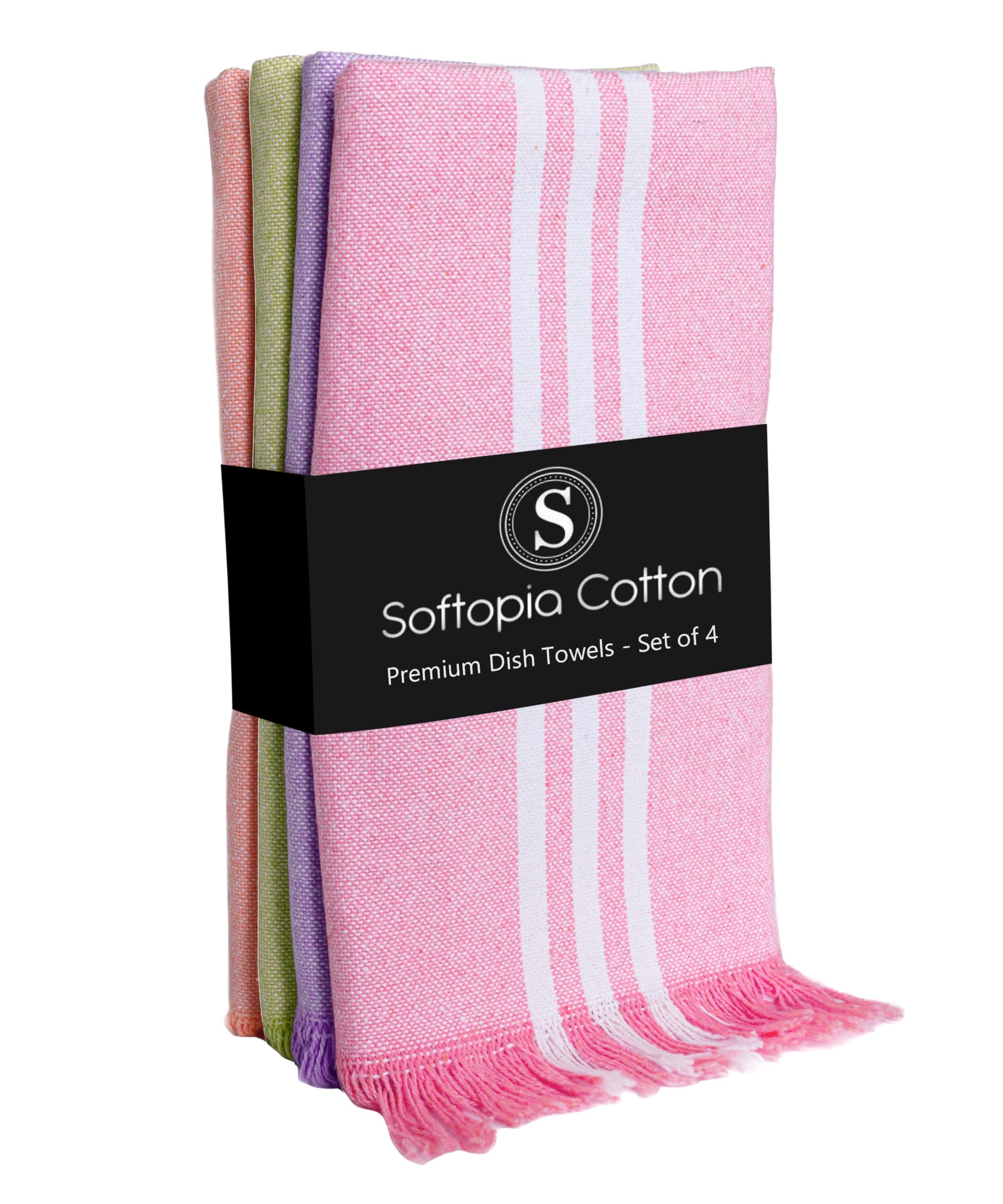 Multi Color Kitchen Towels 4 Pack, 16x26 Inches, Striped Tea Towels, Quick Dry Dishcloth, Absorbent Cleaning Rags, Washable Kitchen Cloths - Rose Pink, Lavender, Green, Orange
