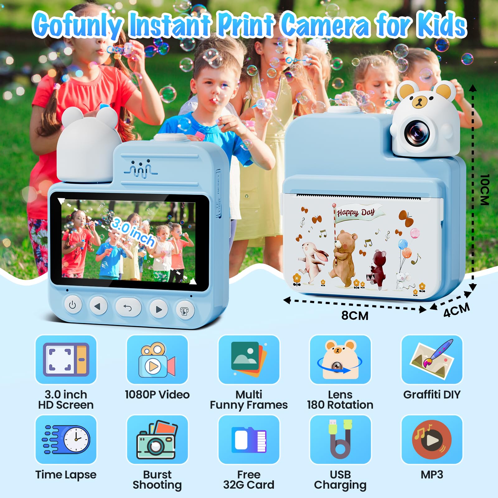 Gofunly Macchina Fotografica Bambini Istantanea, 3,0 Pollici Fotocamera Istantanea Bambini con 32GB Scheda & 3 Carta Stampa, 14MP/1080P HD Videocamera Fotocamera Digitali per Bambino da 3-12 Anni