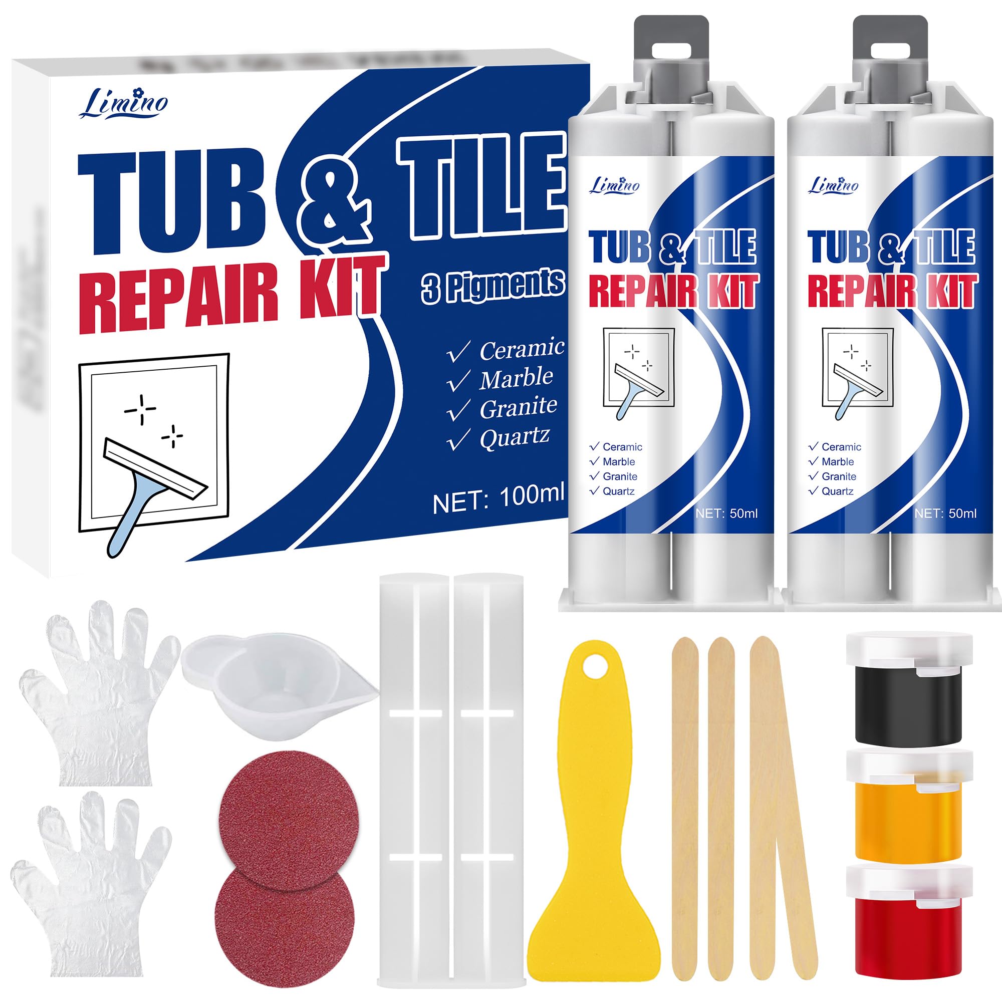 Kit de reparación de azulejos, kit de reparación de porcelana para reparar arañazos, astillas, abolladuras, agujeros en bañera y plato de ducha, relleno de reparación de cerámica para acrílico, fibra