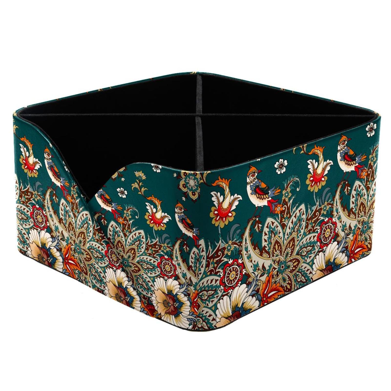 KengjuTesu Paisley and Birds Flowers Desktop Organizer Pen Holder, Rectangular Pencil Cup for Office, Study and Makeup Stations