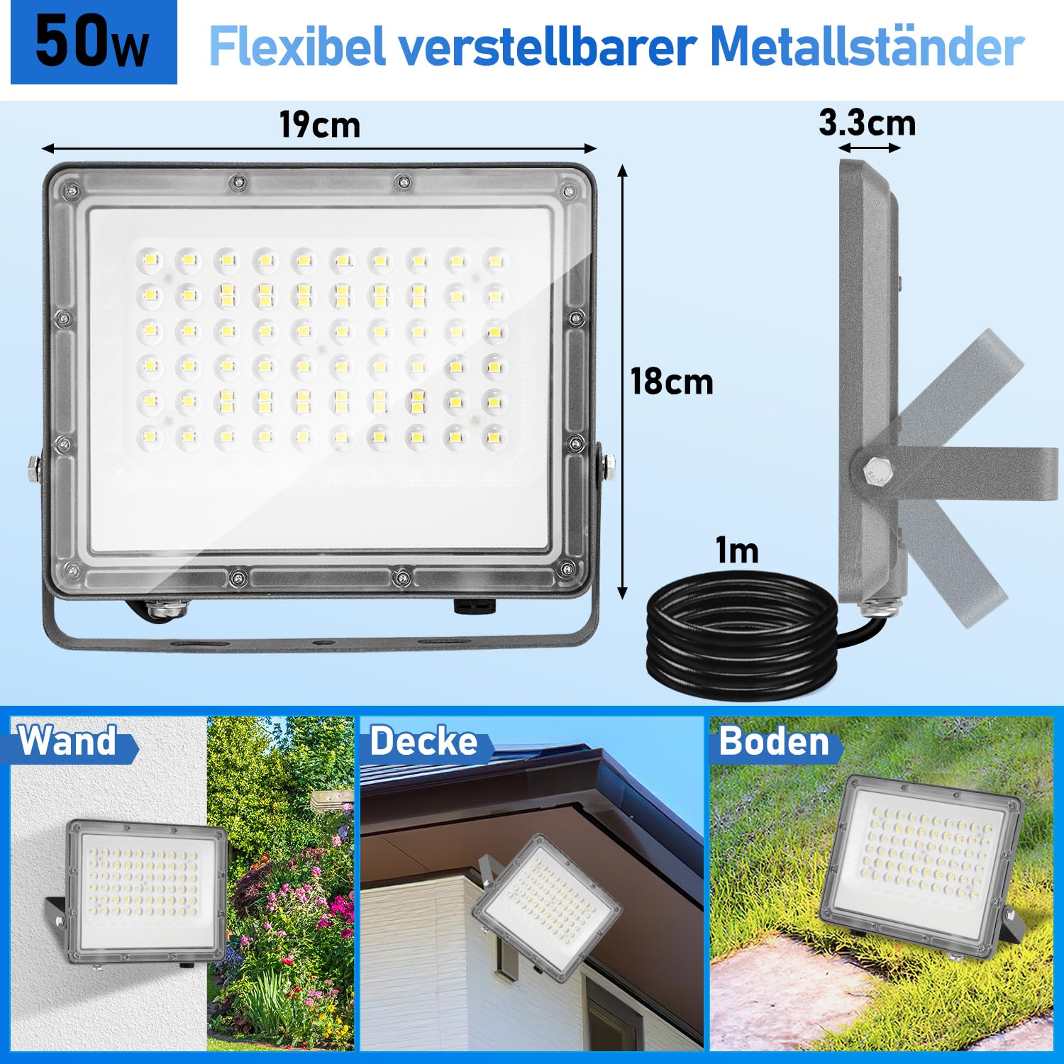 Herrselsam LED Strahler Außen LED Strahler 50W, LED Scheinwerfer LED Aussenstrahler, Superhell 4950LM LED Fluter, 6000K IP65 Wasserfest Aussenstrahler LED Wasserdicht für Hinterhof, Garten (10 Stück)