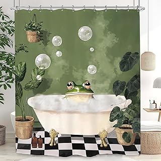 Funny Frog Cute Shower Curtain 60Wx72L Inch Animal Hilarious Green Plant Vintage Bathroom Set Accessories Decor with 12 Pack Hooks