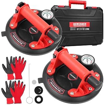 DEWINNER 8" Glass Suction Cups with Pressure Gauge - 662 lbs Load Capacity - Industrial Vacuum Lifter for Large Glass, Tile, Granite, Windows, and Windshields - Includes Carrying Case - 2 Pack