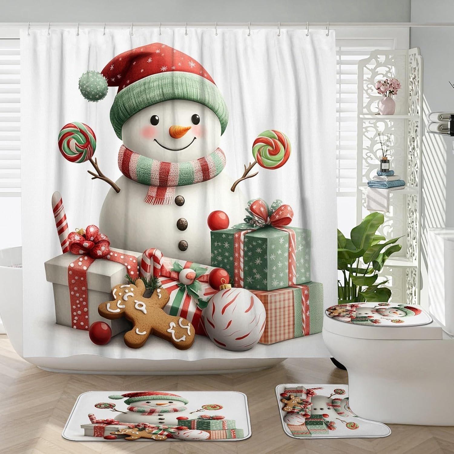 4PCS Merry Christmas Snowman Bathroom Sets, Bath with Non-Slip Rug, U Shape Toilet Lid Cover Mat, Kid Fun Xmas Candy Bathroom Decor-72''x72''