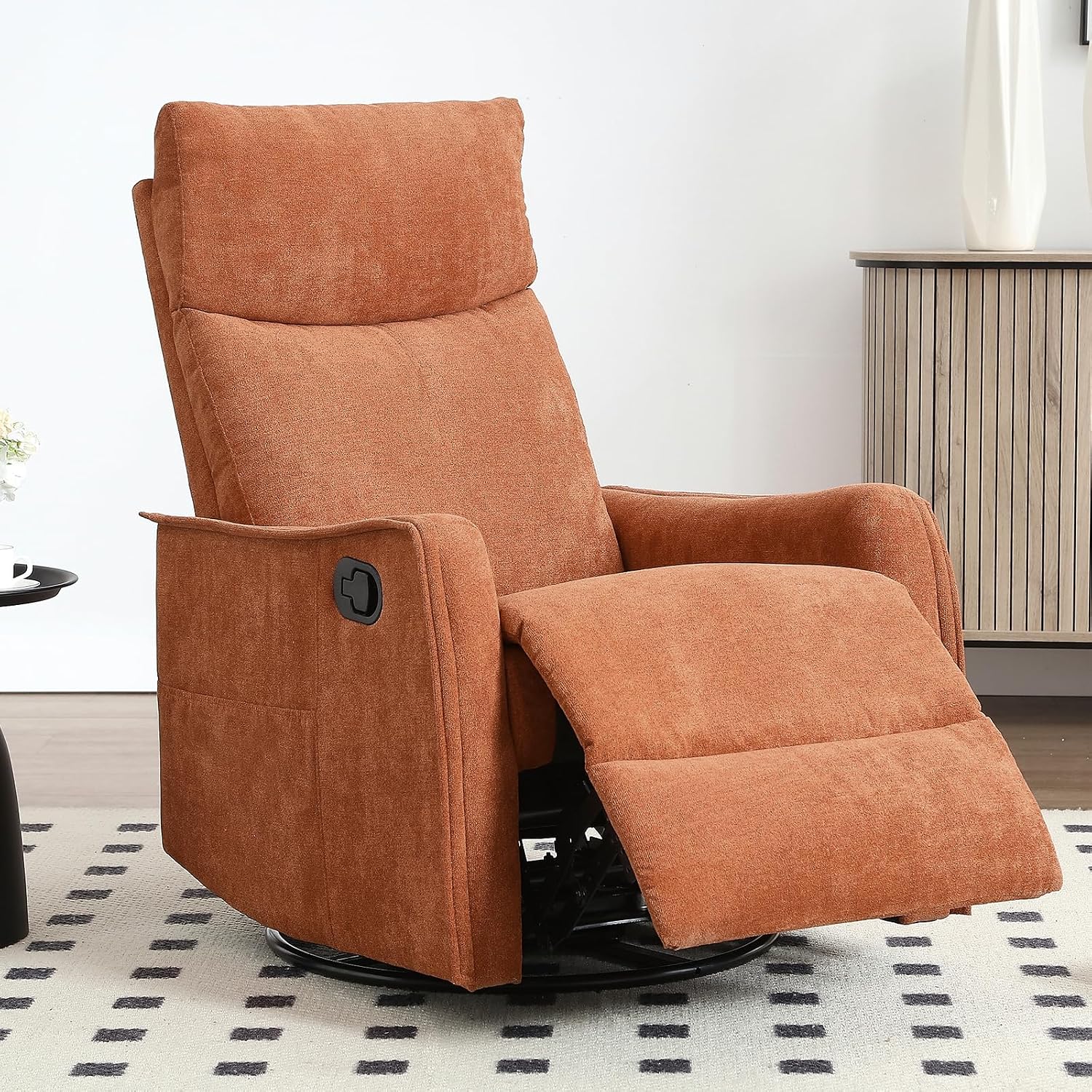 Trustyue Swivel Rocker Recliner Chair, 360° Swivel Recliner with Heat and Massage, Rocker Recliner Nursery Glider Chair with Side Pockets for Living Room (Bright Orange, Fabric)