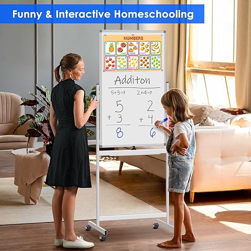 Miniatura 6 de Pizarra blanca magnética móvil, 40 x 24 pulgadas, de doble cara, pizarra blanca rodante, marco de aluminio, pizarra blanca sobre ruedas