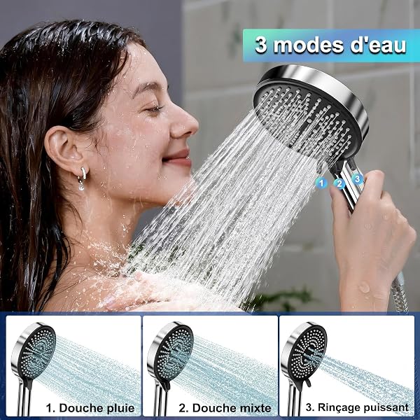 Pommeau de Douche Haute Pression avec Tuyau de 1,5M, Douchette Douche Salle de Bain (115mm), Pommeau Douche à 3 Modes, Débit Puissant, Convient pour une Faible Pression D'eau - 3